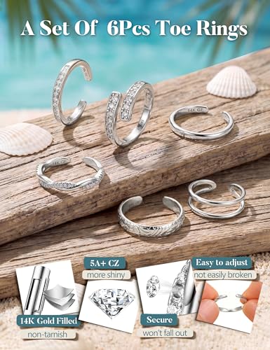 Subiceto 6 Pcs 14K Gold Filled Toe Rings for Women Non Tarnish Dainty Open Adjustable Toe Ring Set Stackable Cz Hypoallergenic Beach Summer Foot Jewelry for Women - color: texture silver