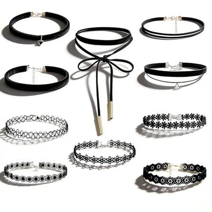 10Pcs Black Choker Necklace for Women, Adjustable Lace Necklace Set, Gothic Punk Style Collar Necklace Fashion Accessories,Multi-Layered Women's Pendants for Valentine's Day Gift