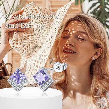 Birthstone Stud Earrings Sterling Silver Square Created Crystal Earrings Cubic Zirconia Hypoallergenic Piercing Jewelry Small Gifts for Women Mothers - color: Jun-Light Amethyst