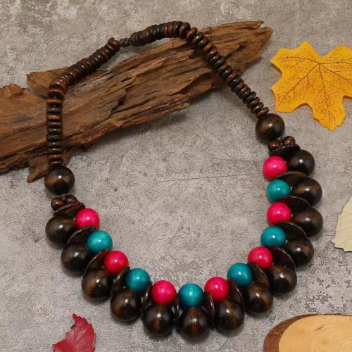 COLORFUL BLING Ethnic Large Chunky Wooden Beaded Necklaces Boho African Statement Necklace Handmade Tribal Collar Choker Bib Jewelry - color: joint brown mix