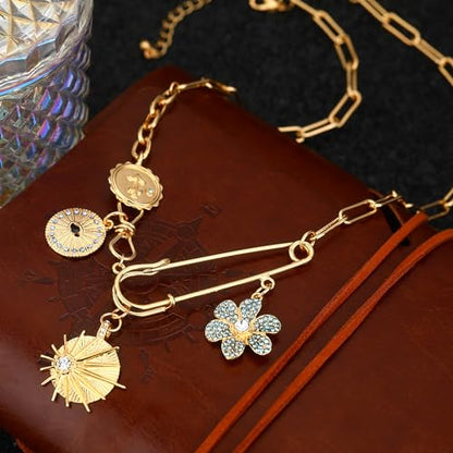 Charm Necklace for Women Gold Evil Eye Sun Moon Flower Coin Pendant Necklace Dainty Paperclip Chain Vintage Luck Amulet Choker Necklaces Celestial Jewelry Gift - style: Blue Flower, Sun
