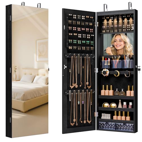 Unisakey Mirror Jewelry Cabinet,Lockable Wall or Door Mounted Jewelry Armoire Organizer With Built-up Mirror,LED Lights, Drawers,Cosmetic Trays,Shelves, 14.4"x3.15"x 43.1"（Black） | Door or Wall Mount Flexible,Drawers Cosmetic Trays Shelves Inside,Built-in