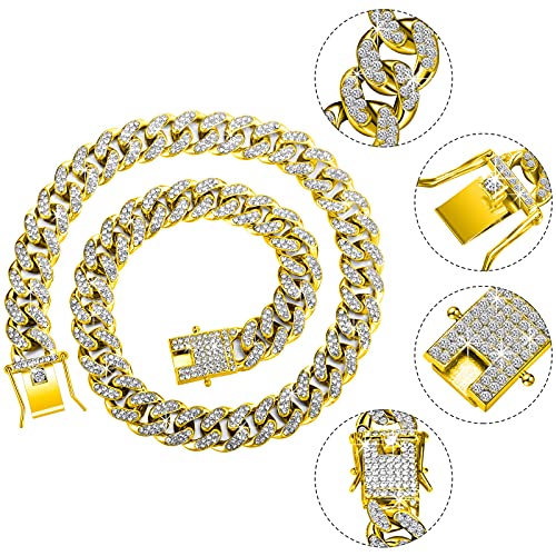 Hicarer 2 Pieces Cuban Link Chain for Men Women Cuban Necklace Bracelet Heavy Strong Link Chain Bling Unisex - color: Gold, size: 17.72 Inch, 7.87 Inch