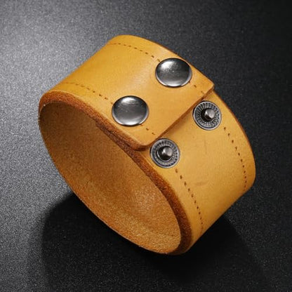 Genuine Leather Cuff Bracelet, Retro Brown | For Men Women, Wide Cowhide, Adjustable Wrap Wristband, Handmade Blank Cuff Bangle, Snap Closure - color: Brown