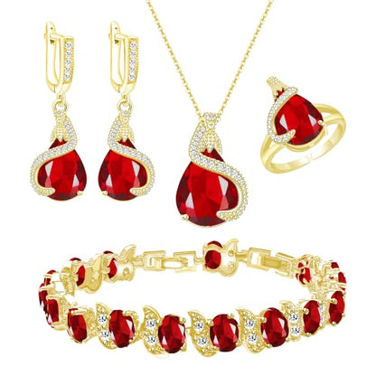 GZWHD Jewelry Set for Women Water Drop Cubic Zirconia Artificial Crystal Earrings Pendant Necklace Open Ring Tennis Bracelet Wedding Anniversary Birthday Engagement Gift for Bridesmaid Wife Girlfriend Friend - color: Gold-Ruby