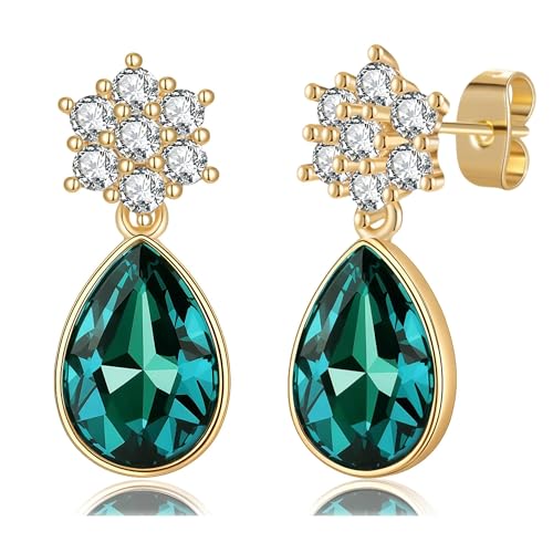 Elegant Austrian Crystal Teardrop Dangle Earrings for Women,14K Gold Plated Flower Drop Earrings Jewelry Gift for Birthday Wedding Anniversary - color: Emerald