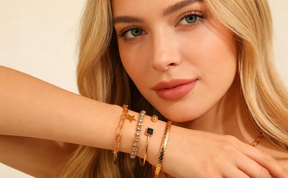 Alegend 14K Gold Plated Stackable Multilayer Bracelets + Titanium Steel(Not Rust, Resist Corruption, Easily Clean) 18K Gold Plated Single Bracelets - color: 14K Gold Crystal, Star & Black Stone