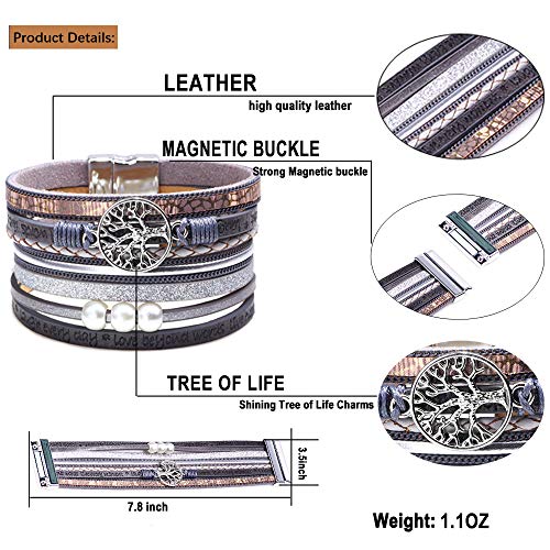 Desimtion Inspirational Tree of Life Boho Leather Wrap Bangle Bracelets for Women, Teen Girl Gifts Trendy Stuff, Fashion Accessories Jewelry Gifts for Women Girls - color: Grey