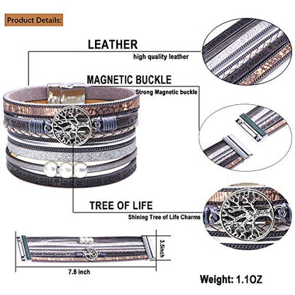 Desimtion Inspirational Tree of Life Boho Leather Wrap Bangle Bracelets for Women, Teen Girl Gifts Trendy Stuff, Fashion Accessories Jewelry Gifts for Women Girls - color: Grey