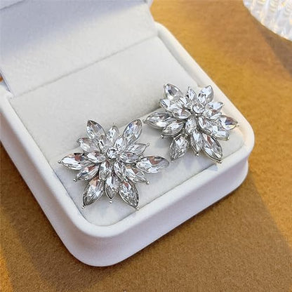 Crystal Flower Burst Stud Earrings Large Big Sparkly CZ Cubic Rhinestone Floral Cluster Flower Stud Earrings Bridal Wedding Party - color: Clear