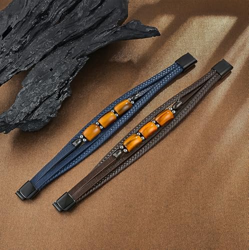 Mens Tiger Eye Leather Bracelet, Natural Tiger Eye Stone Multi-Layer Braided Cuff Bracelets for Men, Stainless Steel with Buckle Memorial Bangle Gifts for Him - color: Brown