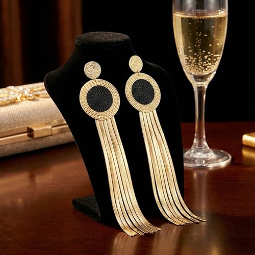 Black and Gold Earrings for Women,Geometric Statement Dangle Earrings with Long Snake Chain Tassel Pendant Earring - color: Gold-B