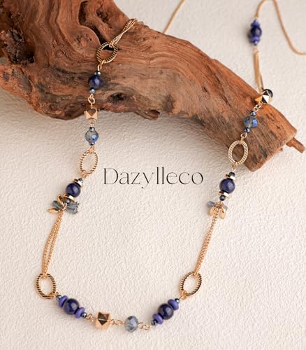 Long Gold Boho Necklaces for Women Beaded Statement Chain Long Necklace Gold Costume Jewelry Birthday Gifts for Her - color: Dark Blue