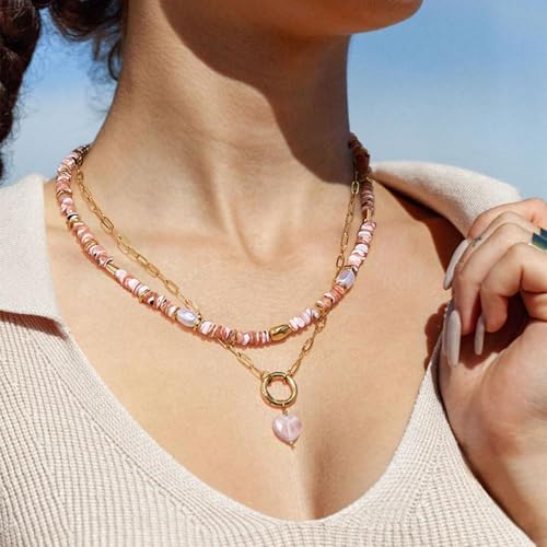 KissYan Beaded Necklaces for Women, Layered Pendant Choker for Summer | Stackable Colorful Natural Gemstone Handmade Beach Charm Chain Valentine's Jewelry Gifts For Girlfriend Wife Lover - style: Pink Heart