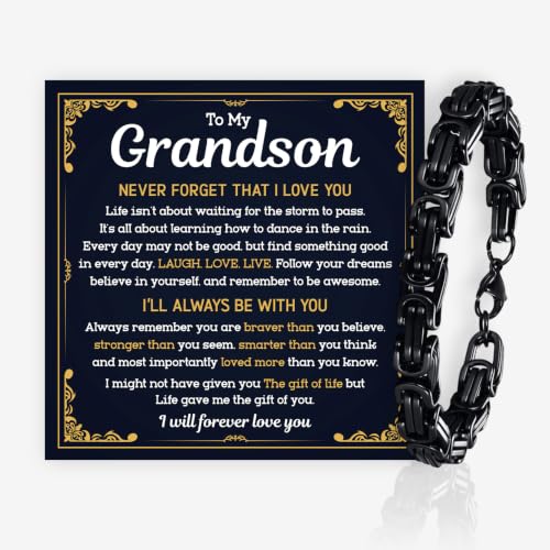 Grandson Gifts from Grandma Grandpa, Black Stainless Steel Bracelet with Meaningful Message Card, Birthday Gift for Grandson, Graduation Christmas Gift, Inspirational Keepsake Jewelry for Men - color: Grandson #9