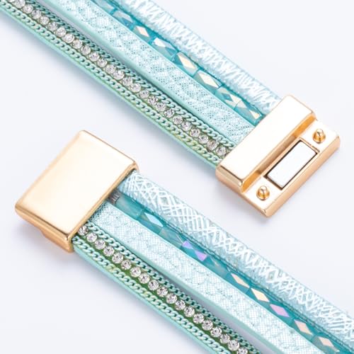 Boho Chunky Leather Wrap Bracelets Stackable Beaded Western Country Jewelry | Crystal Bead Trendy Layered Cuff Magnetic Clasp Stack Bohemian Statement Costume Outfits Cowgirl Fashion Hippie Accessories - color: Teal, size: 7.7"