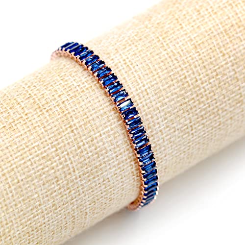 Uloveido Classic Emerald Cut Rectangular Cubic Zirconia Eternity Tennis Bracelet Adjustable for Women Y1788 - color: Rose Gold-Dark Blue
