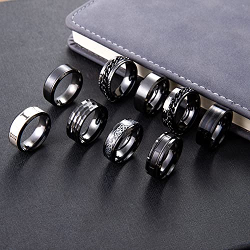9Pcs Stainless Steel Band Rings for Men Women Fidget Anxiety Relief Rings Spinner Ring Wedding Promise Rings Set - color: Black