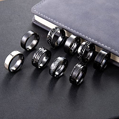 9Pcs Stainless Steel Band Rings for Men Women Fidget Anxiety Relief Rings Spinner Ring Wedding Promise Rings Set - color: Black