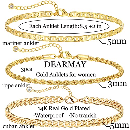 DEARMAY Gold Anklets for Women Waterproof | Non Tarnish14K Gold Plated Ankle Bracelets Set Stack, Summer Beach Jewelry Gifts for Vacation - color: Gold Anklet-G