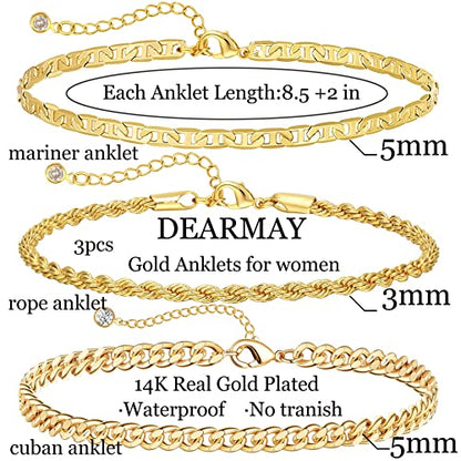 DEARMAY Gold Anklets for Women Waterproof | Non Tarnish14K Gold Plated Ankle Bracelets Set Stack, Summer Beach Jewelry Gifts for Vacation - color: Gold Anklet-G