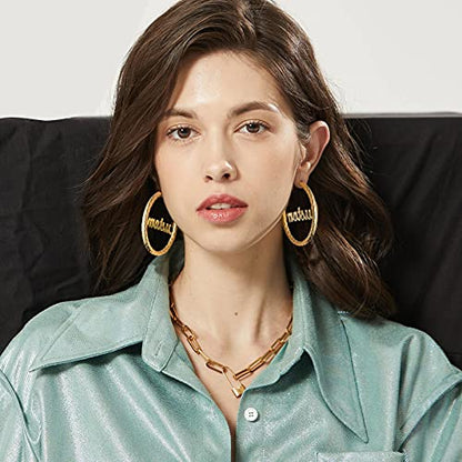 FindChic Chunky Hoop Earrings for Women, Silver/Black/14K Gold Plated Crossover Patterned Hollow Tube Rounded Loop Earrings, 30mm/40mm/60mm/80mm Hoops with Custom Name Options and Gift Box - color: f.Gold (Custom Name), size: 60MM