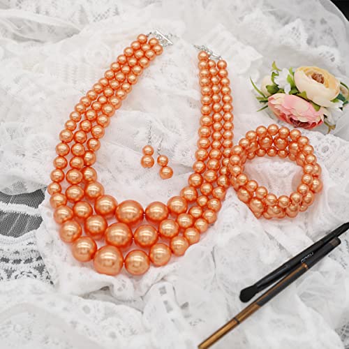 We We Imitation Pearl Necklace for Women Large Chunky Pearl Necklaces Multilayer Pearl Necklace and Earring 1920s Costume Jewelry set - color: orange pearl necklace set