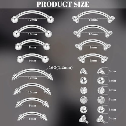 NICEIGHT 12Pcs 16G 18G Surgical Steel Eyebrow Piercing Jewelry for Women Men Small Curved Barbell Rings Vertical Labret Lip Jewelry Ear Rook Helix Daith Ring 6-12MM with 12Pcs Replacement Balls - color: Silver, size: 16G