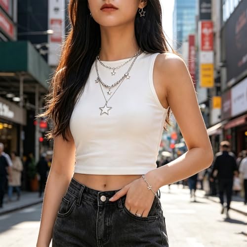 11Pcs Y2K Silver Jewelry Set Included Grunge Stackable Star Necklace Waist Chain Bracelet Earrings Hair Clip for Women Emo Alt Aesthetic Accessories