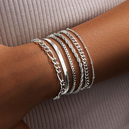 Gold Chunky Stack Bracelets for Women Non Tarnish, 14K Gold Plated Bracelets Set for Women Stackable, Waterproof Layered Trendy Dainty Cuff Cuban Link Chain Paperclip Bracelet Pack for Jewelry Gifts