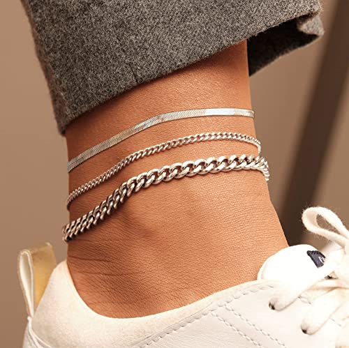 DEARMAY Gold Anklets for Women Waterproof | Non Tarnish14K Gold Plated Ankle Bracelets Set Stack, Summer Beach Jewelry Gifts for Vacation - color: Silver Anklet-B