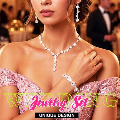 Sixexey Rhinestone Jewelry Set Bridal Necklaces Clip On Earrings Set Wedding Prom Jewelry Accessories for Women - color: Silver
