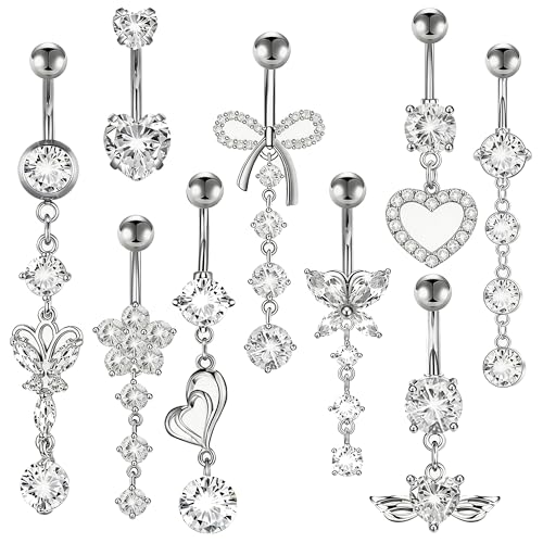 MEDOJO 7Pcs Belly Button Ring Pink Surgical Stainless Steel Belly Ring Bow Butterfly Heart Flower Navel Ring Belly Piercing for Women - color: Silver