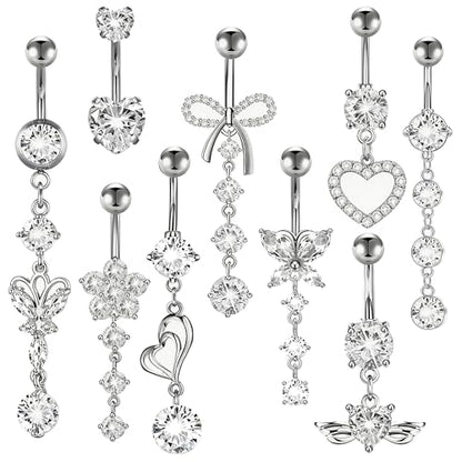 MEDOJO 7Pcs Belly Button Ring Pink Surgical Stainless Steel Belly Ring Bow Butterfly Heart Flower Navel Ring Belly Piercing for Women - color: Silver