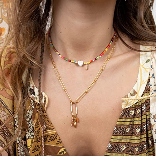MJartoria Initial Necklaces for Women, Colorful Beaded Necklace, Shell Beach Necklace Letter Choker Handmade Jewelry Gifts - style: J