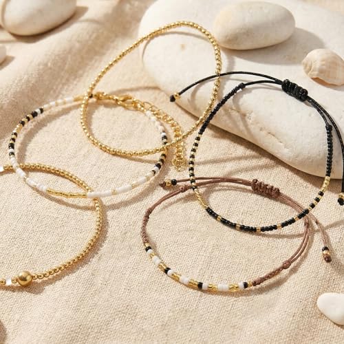5Pcs Stack Gold Plated Ball Beaded Bracelets Set for Women, Boho Handmade Colorful Glass Pearl Stretch Accessories Jewelry, Summer Beach Daily Wear Holiday Friendship Gift - color: White Black Gold