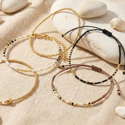 5Pcs Stack Gold Plated Ball Beaded Bracelets Set for Women, Boho Handmade Colorful Glass Pearl Stretch Accessories Jewelry, Summer Beach Daily Wear Holiday Friendship Gift - color: White Black Gold