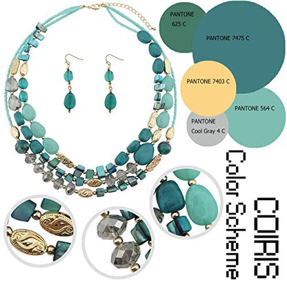 Coiris 3 Multi Layer Shell Glass Beaded Fashion Necklace for Women 21" - color: N0001-teal