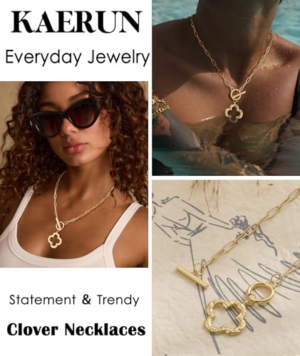Chunky Gold Necklace for Women Trendy Non Tarnish 14K Gold Plated Paperclip Chain Charm Necklaces Chunky Heart Cross Clover Pearl Pendant Necklace with Toggle Clasp Statement Jewelry Gift for Women - color: D-Clover