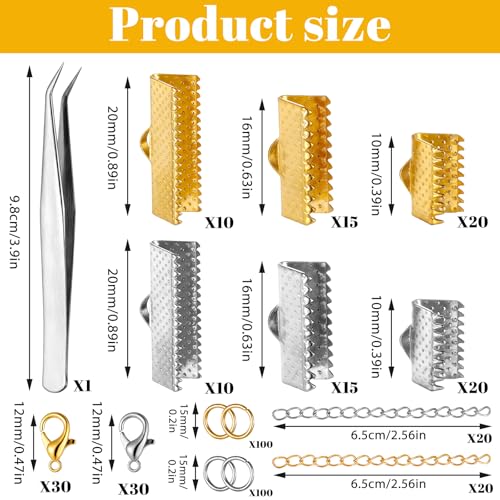 373 Pcs Ribbon Bracelet Kit for Jewelry Making, Ribbon End Crimps, Ribbons Ends Crimps Open Jump Rings Lobster Clasps and Chain Extenders, Bookmark Pinch, Choker Necklace