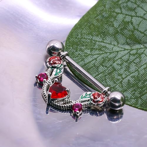 2pcs 14G Nipple Rings Flower Nipple Bars Surgial Steel 316L Nipple Piercing Jewelry Heart Nipple Barbell for Women - color: Rose red