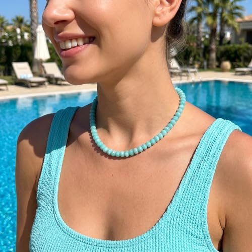 Gemstone Beaded Necklace for Women Colorful Natural Stone Freshwater Pearl Surfer Beach Rainbow Necklace Jewelry Gift - color: Blue-2