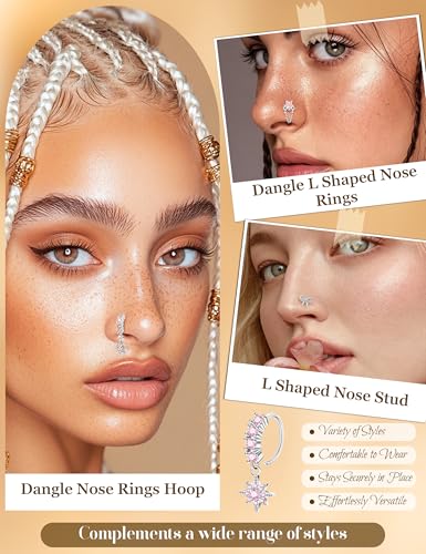 20Pcs 20G Dangle Nose Rings for Women Surgical Steel L Shaped Dangling Nose Studs Dainty Nose Ring Hoop Set CZ Heart Flower Butterfly Moon Nose Piercing Jewelry - color: Silver Pink Nose Rings