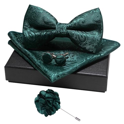 JEMYGINS Mens Paisley Bow Tie and Lapel Pin Necktie Pocket Square and Tie Clip with Sets for Business Casual 4PCS - color: Emerald Green