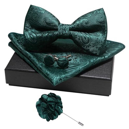 JEMYGINS Mens Paisley Bow Tie and Lapel Pin Necktie Pocket Square and Tie Clip with Sets for Business Casual 4PCS - color: Emerald Green