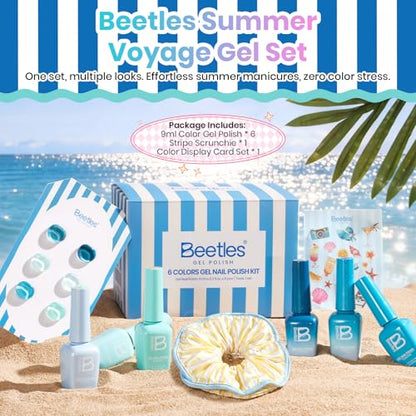 Beetles Blue Gel Nail Polish Set, Summer Voyage Glitter & Cat Eye Effects | 6 Mint Green Gel Polish Colors with Nail Art Stickers&Scrunchie for Soak-Off Uv Manicure Kits And Gifts - color: Shore Light