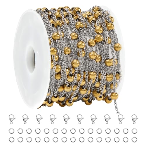 SMYHTGLIF 16.4 Stainless Steel Chain Gold Bead Chain for Jewelry Making | Cable DIY Craft Chain Bulk Roll Permanent Jewelry Making Supplies - color: Bead Gold