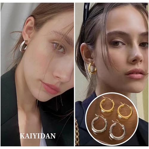 2 Pairs Gold/Silver Hoop Earrings For Women Set Trendy,14K Plated Gold Chunky Huggie Hoop Earings Pack,Oval Twisted Statement Silver Hoops,Fashion Jewelry Gift - color: 7) 30mm chunky hoop
