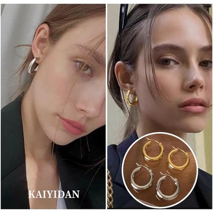2 Pairs Gold/Silver Hoop Earrings For Women Set Trendy,14K Plated Gold Chunky Huggie Hoop Earings Pack,Oval Twisted Statement Silver Hoops,Fashion Jewelry Gift - color: 7) 30mm chunky hoop