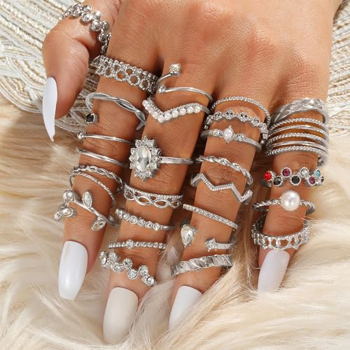 IFKM 36 PCS Silver Plated Jewelry Set with 3 PCS Necklace, 12 PCS Bracelet, 7 PCS Ear Cuffs Earring, 14 Pcs Knuckle Rings for Women Valentine Anniversary Birthday Friendship Gift - color: Trendy Silver Set